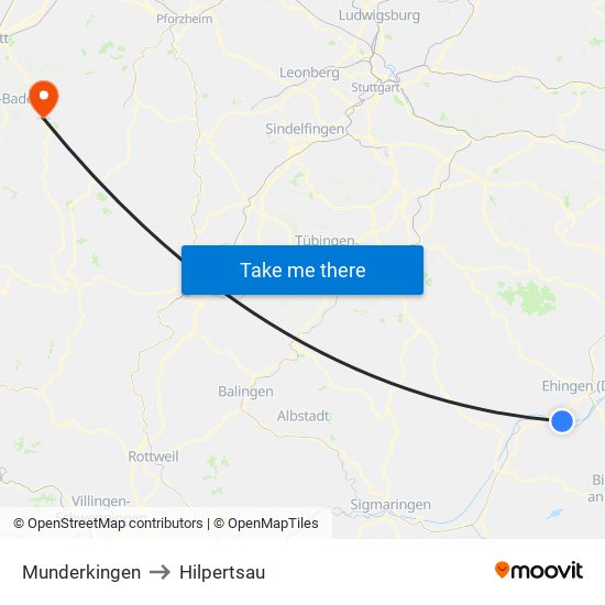 Munderkingen to Hilpertsau map