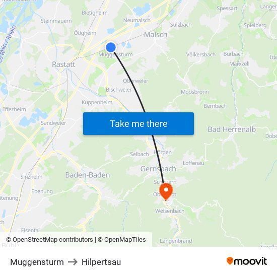 Muggensturm to Hilpertsau map