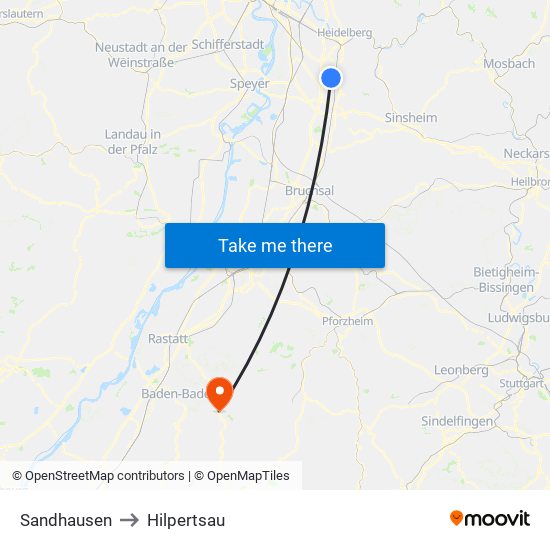 Sandhausen to Hilpertsau map