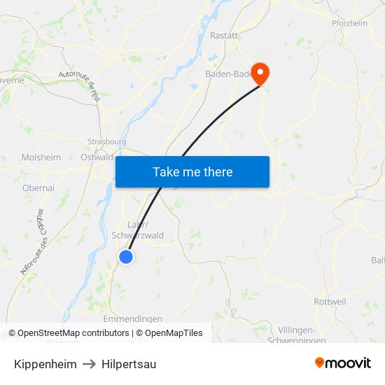 Kippenheim to Hilpertsau map