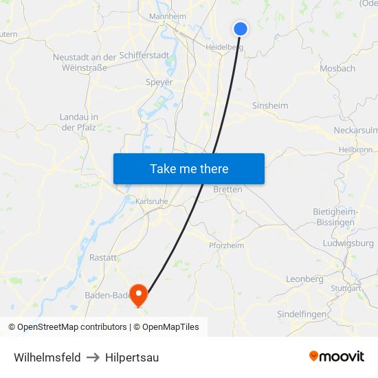 Wilhelmsfeld to Hilpertsau map