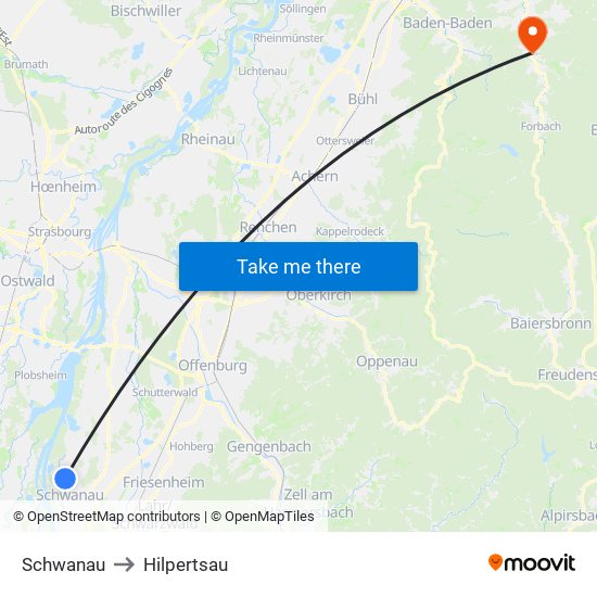 Schwanau to Hilpertsau map