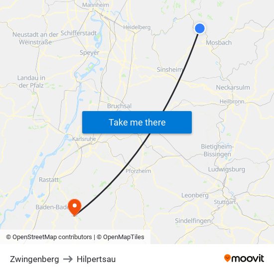 Zwingenberg to Hilpertsau map