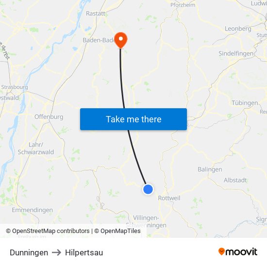 Dunningen to Hilpertsau map