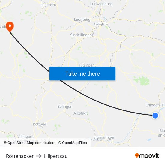 Rottenacker to Hilpertsau map