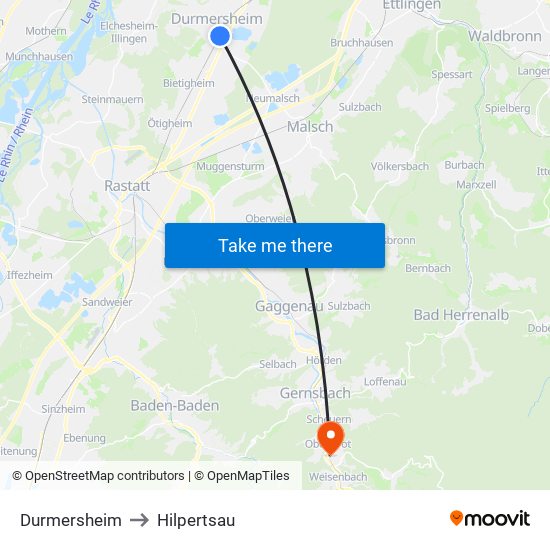 Durmersheim to Hilpertsau map