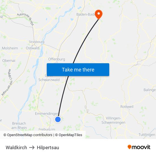 Waldkirch to Hilpertsau map