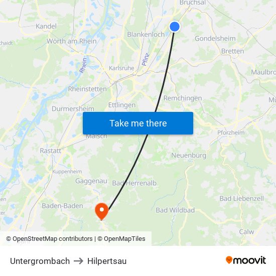 Untergrombach to Hilpertsau map