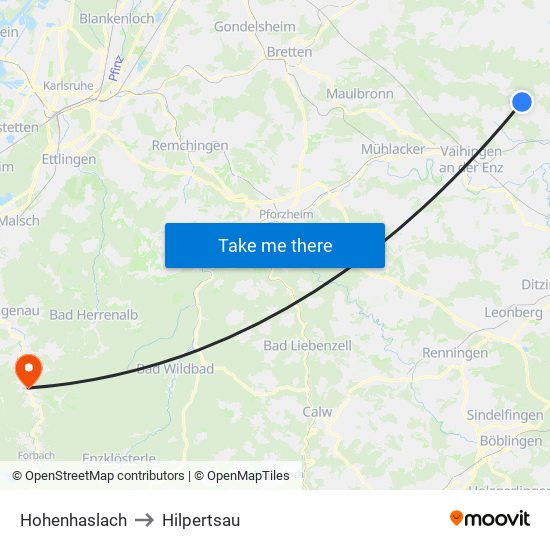 Hohenhaslach to Hilpertsau map