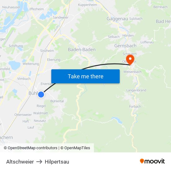 Altschweier to Hilpertsau map