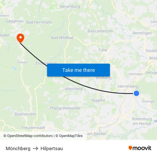 Mönchberg to Hilpertsau map