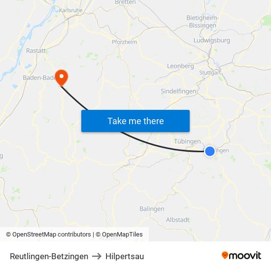 Reutlingen-Betzingen to Hilpertsau map