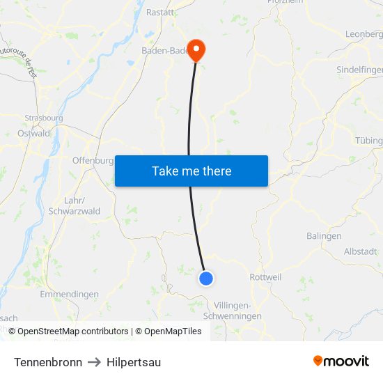 Tennenbronn to Hilpertsau map