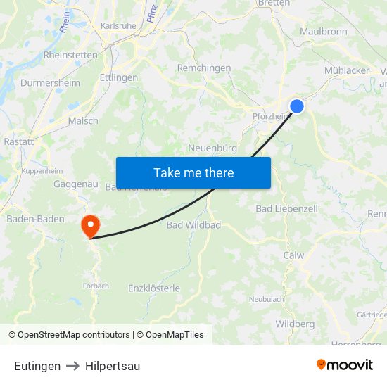 Eutingen to Hilpertsau map