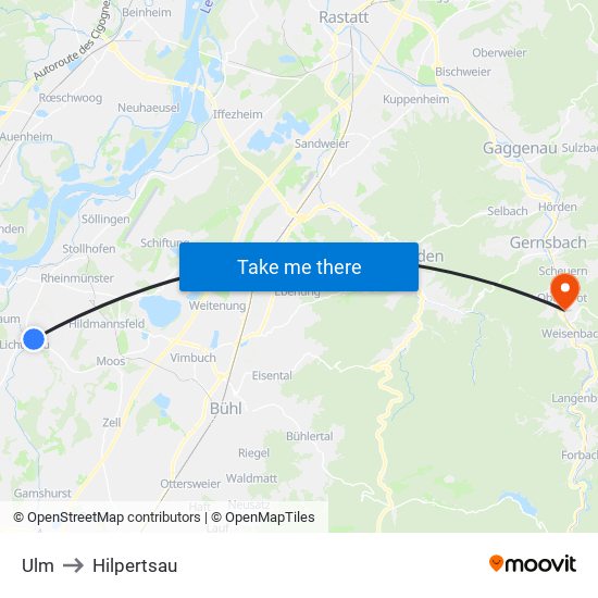 Ulm to Hilpertsau map