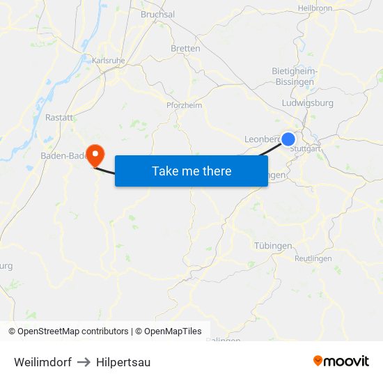 Weilimdorf to Hilpertsau map