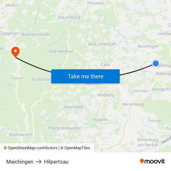 Maichingen to Hilpertsau map