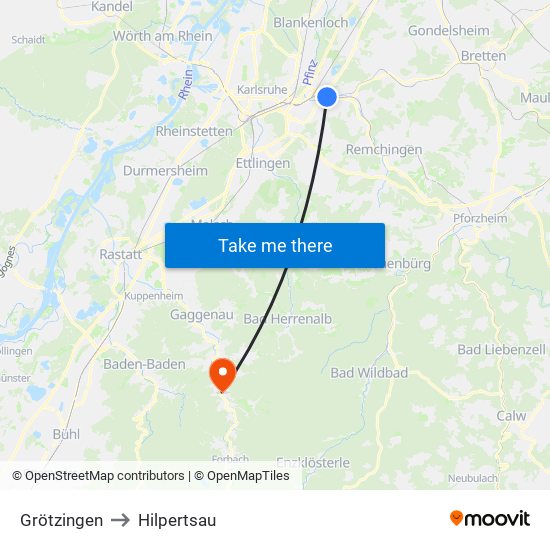 Grötzingen to Hilpertsau map