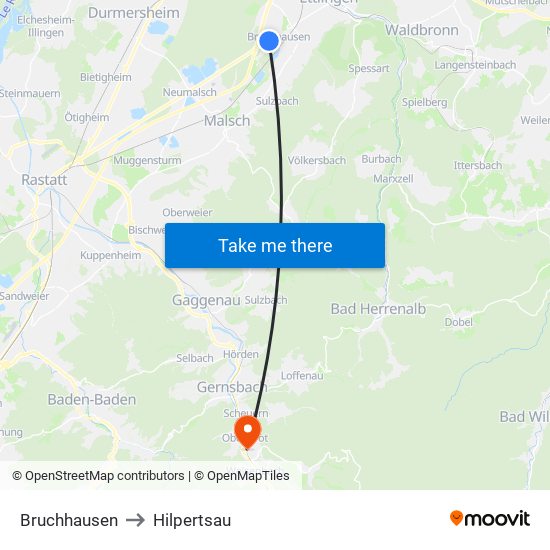 Bruchhausen to Hilpertsau map