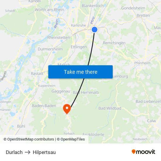 Durlach to Hilpertsau map