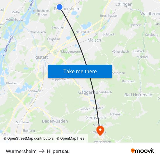 Würmersheim to Hilpertsau map