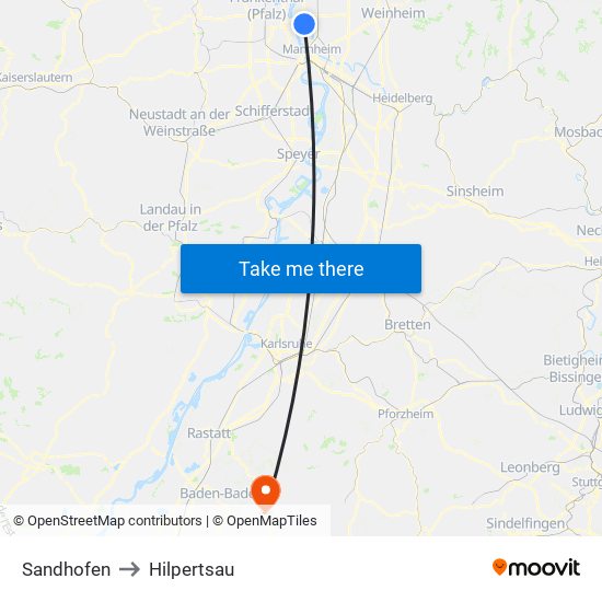 Sandhofen to Hilpertsau map