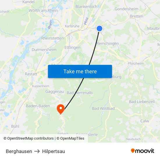 Berghausen to Hilpertsau map