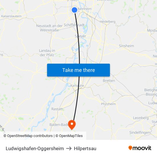 Ludwigshafen-Oggersheim to Hilpertsau map