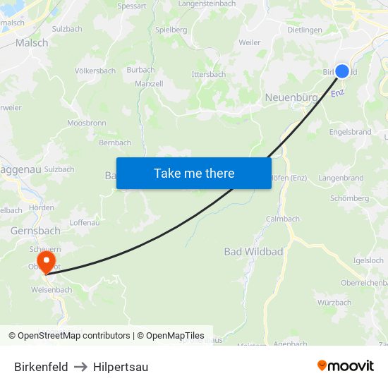 Birkenfeld to Hilpertsau map