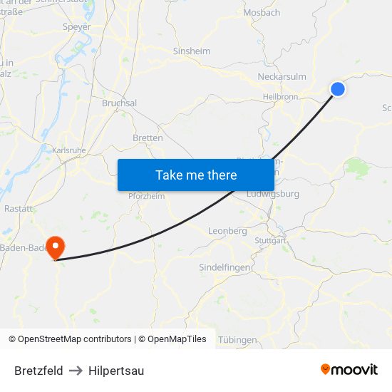 Bretzfeld to Hilpertsau map