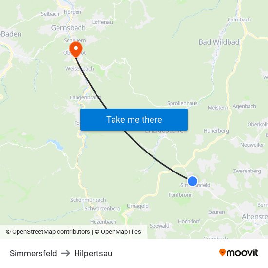 Simmersfeld to Hilpertsau map