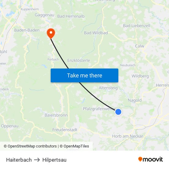 Haiterbach to Hilpertsau map