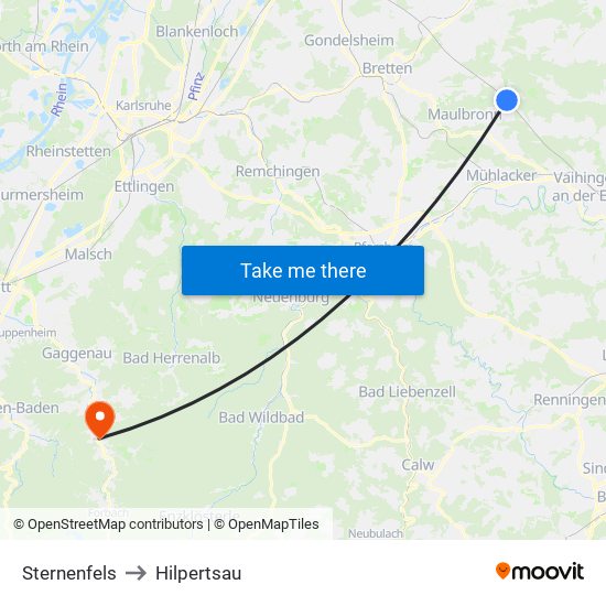 Sternenfels to Hilpertsau map