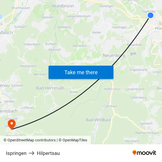 Ispringen to Hilpertsau map