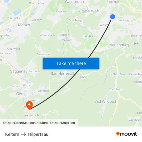 Keltern to Hilpertsau map