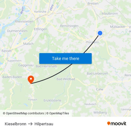 Kieselbronn to Hilpertsau map