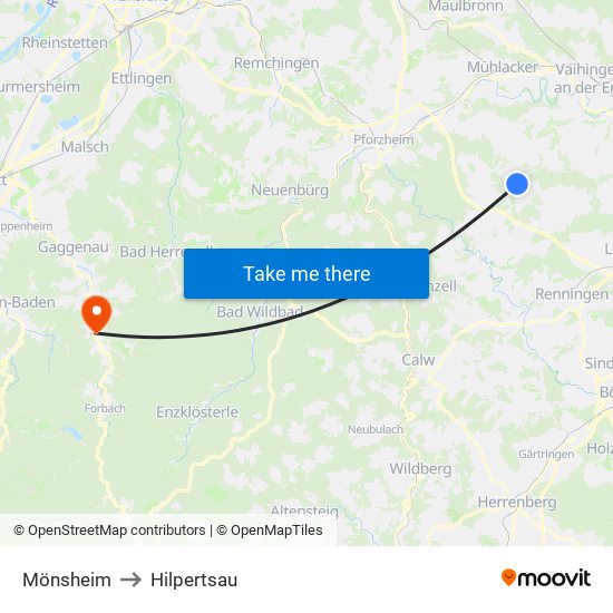 Mönsheim to Hilpertsau map