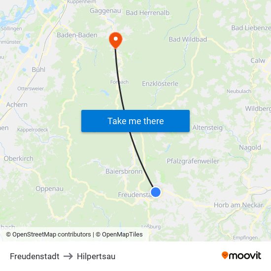 Freudenstadt to Hilpertsau map