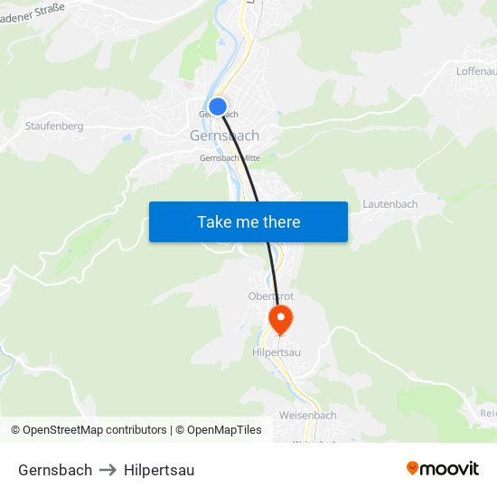 Gernsbach to Hilpertsau map
