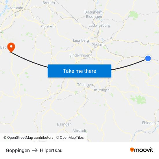 Göppingen to Hilpertsau map