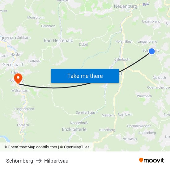 Schömberg to Hilpertsau map