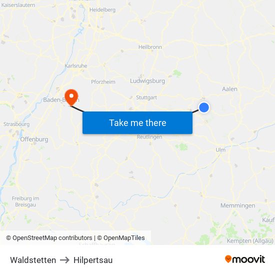 Waldstetten to Hilpertsau map