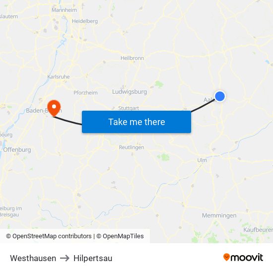 Westhausen to Hilpertsau map