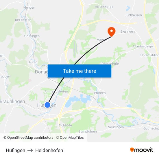 Hüfingen to Heidenhofen map