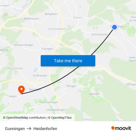 Gunningen to Heidenhofen map