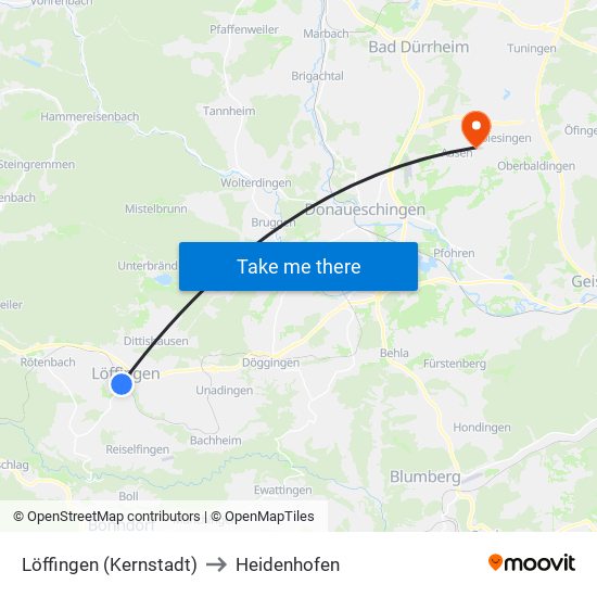 Löffingen (Kernstadt) to Heidenhofen map