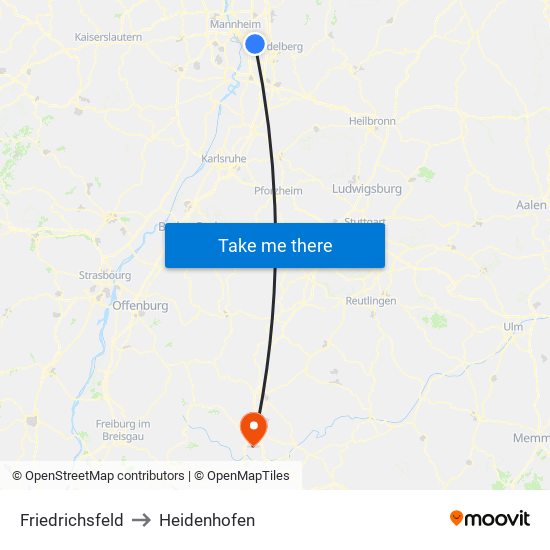 Friedrichsfeld to Heidenhofen map