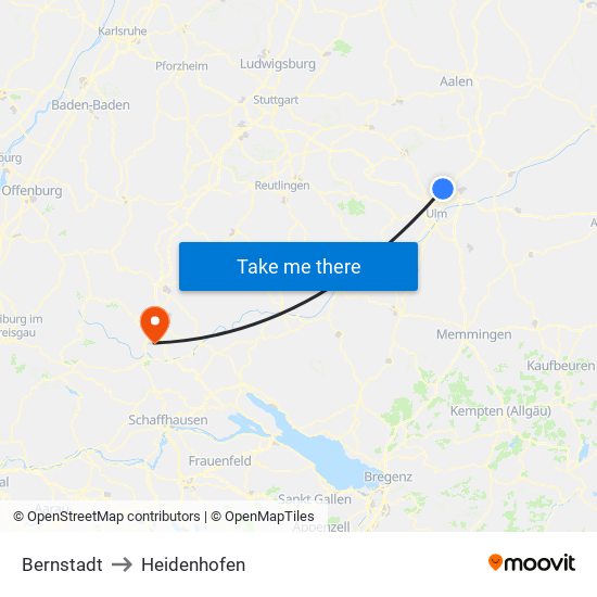 Bernstadt to Heidenhofen map