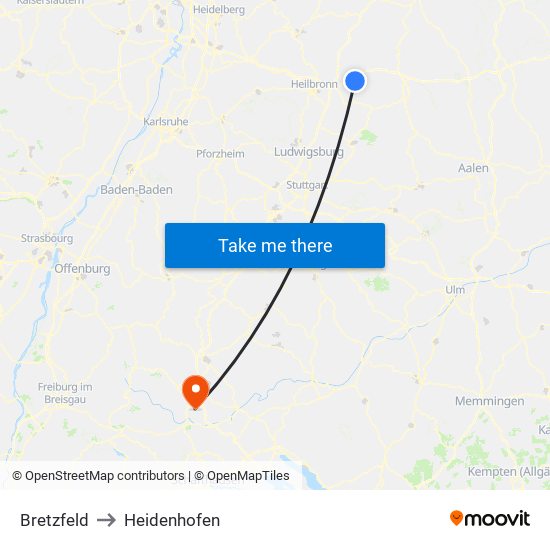 Bretzfeld to Heidenhofen map