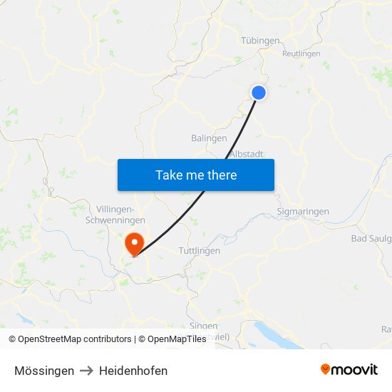 Mössingen to Heidenhofen map